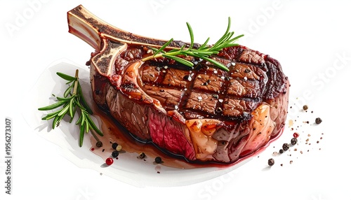 A cooked, bone-in steak, with charred grill marks and garnished with fresh rosemary sprigs and peppercorns, presented on a white plate
