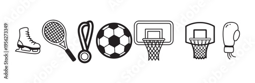 Winter ice skate tennis racket and basketball hoop sport equipment icons set in linear style