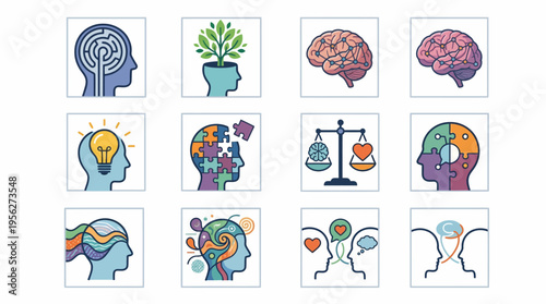 Vector illustrations of human mind, brain, and cognitive processes. Icon set symbolizing intelligence, creative thinking, problem-solving, and mental well-being concepts
