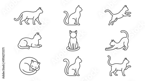 Set of diverse domestic cat line art vector icons featuring various playful, relaxed, and active feline poses, perfect for animal-themed designs, pet care illustrations, and modern graphic projects