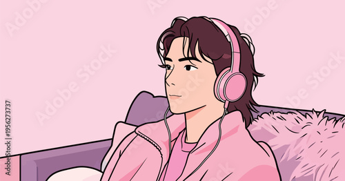 Young person sitting on a couch wearing headphones and looking relaxed in a pink room with soft furniture and decorations