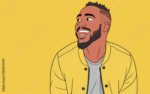 Man smiles while wearing a bright yellow jacket against a plain yellow background in a cheerful setting