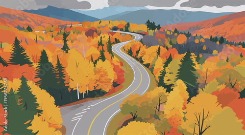 Winding road through vibrant fall trees in a mountainous area during autumn