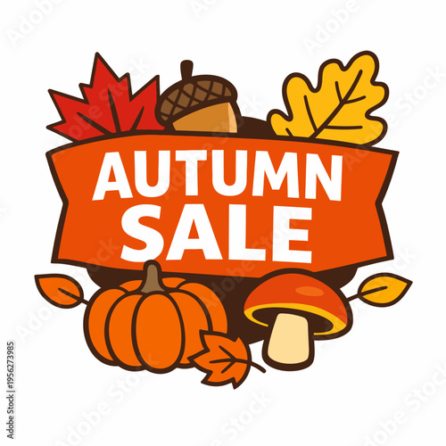 Vibrant autumn sale banner with pumpkins, leaves, and mushrooms on white background for seasonal promotions and discounts