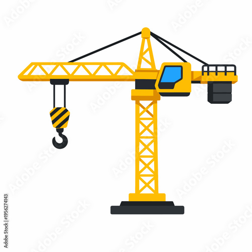 A yellow construction crane with a hook and boom on a white background, used for lifting heavy loads on building sites.
