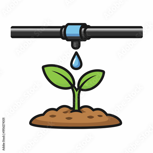 Drip irrigation system watering a young green plant in soil with a single drop of water