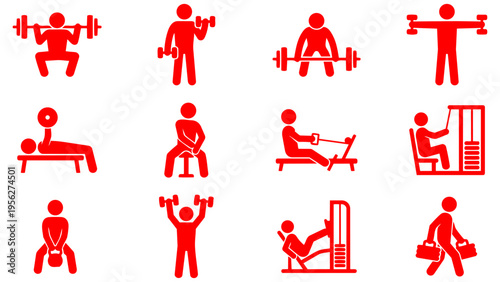 Stick figure icon set depicting various weight training and gym exercises . Ideal for fitness apps, gym websites, workout guides, and health-related design projects.