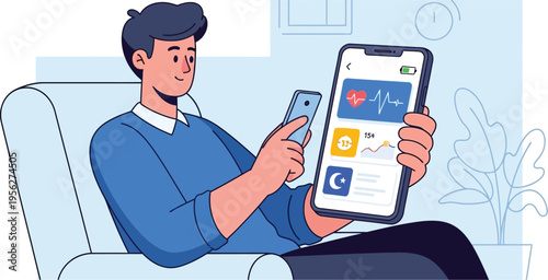 Comfortable man tracking health data on two smartphones