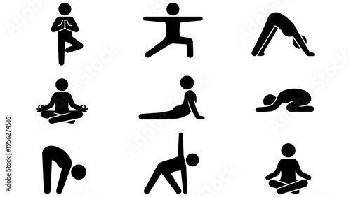 Stick figure exercise and yoga pose icon set , yoga, and fitness poses on a black background. Ideal for fitness apps, sports websites, health infographics, banners, and presentation materials.