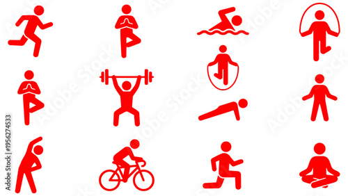 Stick figure icon set featuring diverse fitness activities including running, yoga, swimming, cycling, and weightlifting . Perfect for fitness apps, gym websites, and health promo