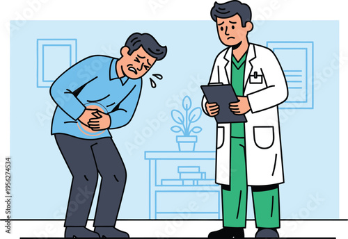 Man with severe stomach pain consults a doctor about his ailment