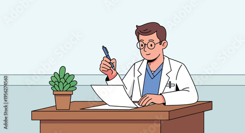 Male Doctor Working on Patient Documents in Office