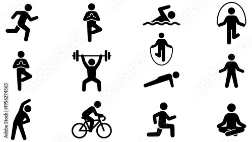 Stick figure icon set featuring diverse fitness activities including running, yoga, swimming, cycling, and weightlifting . Perfect for fitness apps, gym websites, and health promo