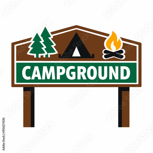 A campground sign with a tent, trees, and campfire on a wooden board, indicating a place for outdoor camping and recreation activities.