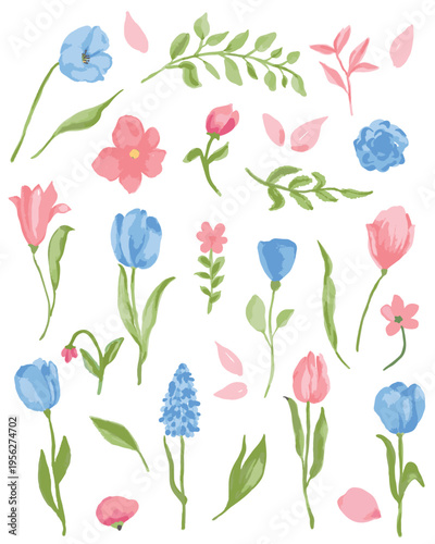 Bundle of pretty hand drawn, watercolor spring flowers with leaves and herbs. Set of various, vector botany cliparts.