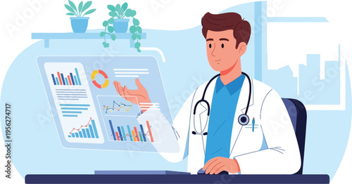 Doctor examining medical data on a futuristic screen