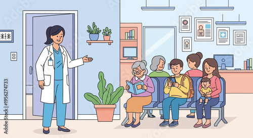 Friendly Doctor Welcomes Patients in Hospital Waiting Room