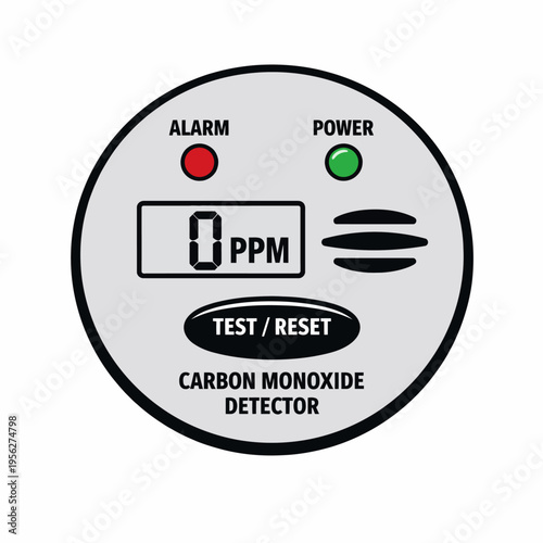 Carbon monoxide detector with alarm and power indicator on white background