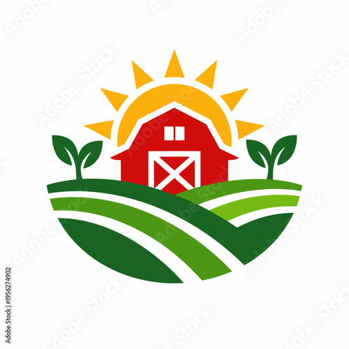 Vibrant illustration of a red barn under a sunny sky with green hills and sprouting plants, symbolizing growth and agriculture