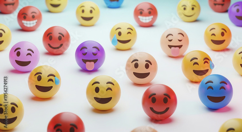 Colorful smiley face emojis on white.