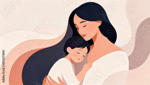 Nurturing Mother Hugging Child Minimalist Illustration for Parenting Family Care and Mothers Day Greeting Card Graphic Design