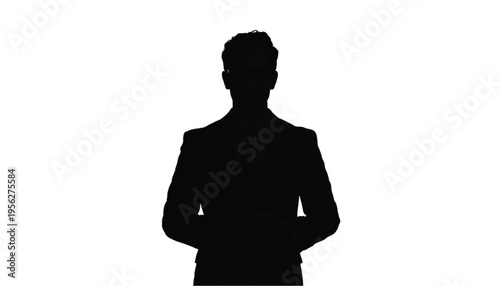 Silhouette of a formally dressed businessman standing straight with hands clasped in front, isolated on.