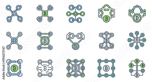 Blockchain icons for bitcoin networking cryptocurrency mining and digital financial data technology collection