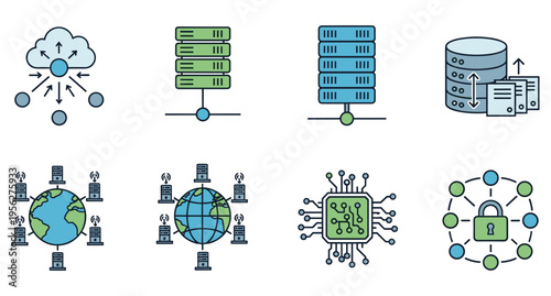 Computer network cloud icon set with global servers, database storage, cybersecurity and digital infrastructure graphics