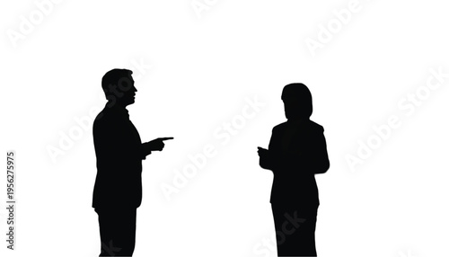 Two business people silhouettes face each other with one pointing while the other holds a small device.