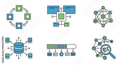 Data science machine learning icon set with neural network, data pipeline, analysis workflow and information system graphics