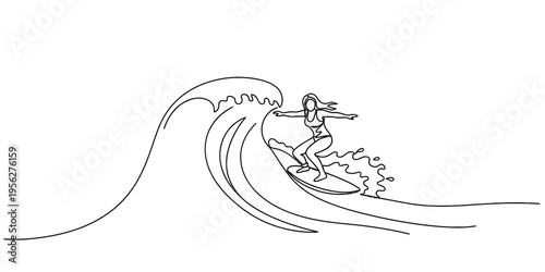 Continuous One Line Drawing of Woman Surfing on Large Ocean Wave