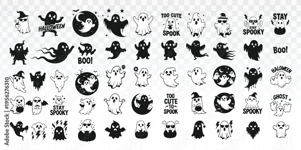 Obraz premium Halloween icon set with cute and spooky characters including ghosts, pumpkins, bats, witches, and skulls in clean vector style, ideal for stickers, party decor, seasonal designs, and creative projects