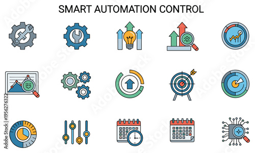 Smart automation control icon set for business process optimization and data analytics
