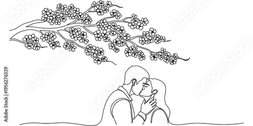 Continuous line drawing of romantic couple kissing under cherry blossom