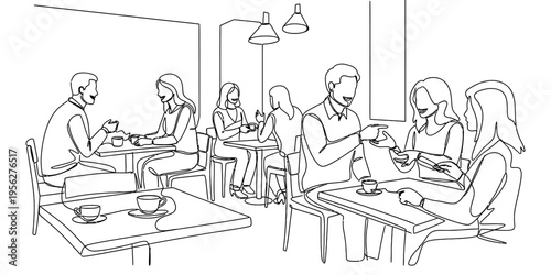 Continuous One Line Drawing of People Sitting in Modern Cafe