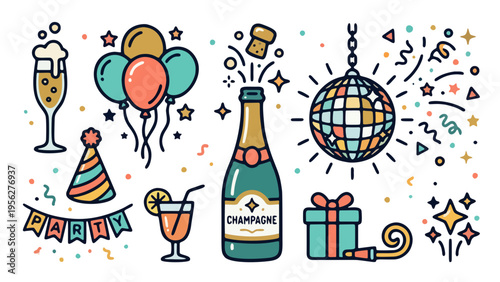 Digital Social Media Party Interaction Symbols and Modern Celebration Interface Vector Icons