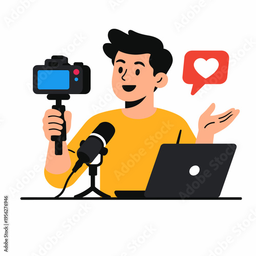 A cartoon man recording a video with a camera and microphone, gesturing with one hand and a heart symbol above him