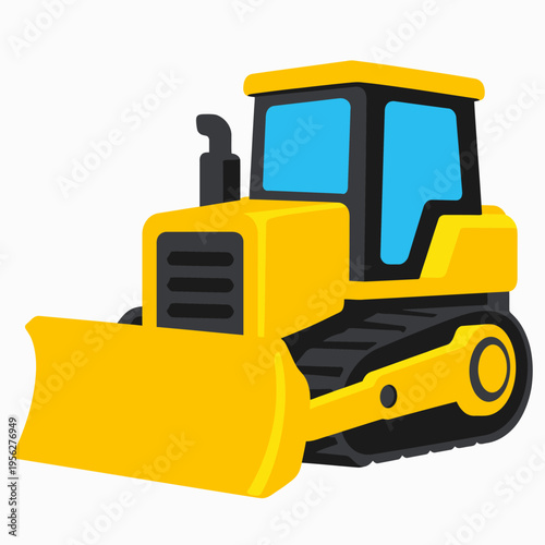 A cartoon-style illustration of a yellow bulldozer with a large blade and black tracks on a white background for construction or industrial concepts