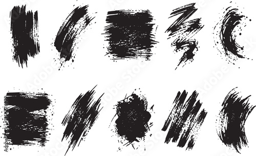 Brush set. Vector black paint brush spots, highlighter lines or felt-tip pen marker. Ink smudge abstract shape stains and smear set with texture. Hand drawn vector illustration