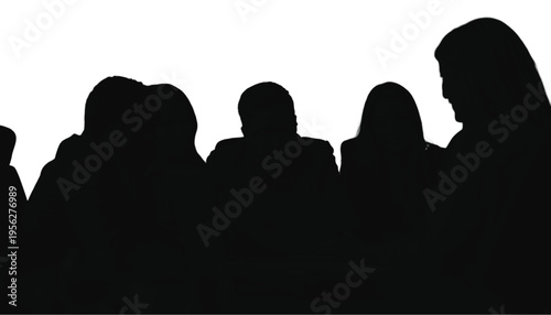 Group silhouette of diverse professionals gathered together facing forward in stark contrast to white space.