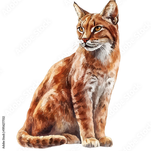 African Golden Cat, watercolor vector portraying a joyful pose with colorful highlights, isolated on a white background.