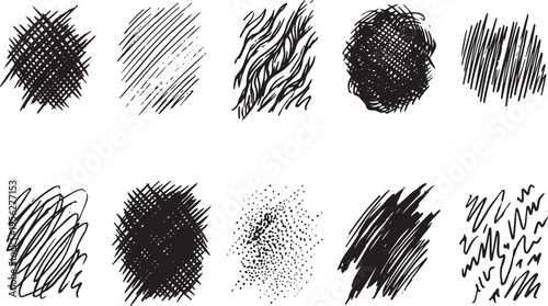 Brush set. Vector black paint brush spots, highlighter lines or felt-tip pen marker. Ink smudge abstract shape stains and smear set with texture. Hand drawn vector illustration