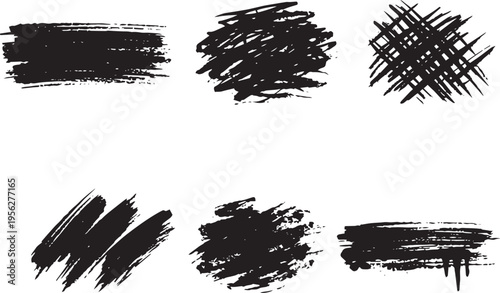 Brush set. Vector black paint brush spots, highlighter lines or felt-tip pen marker. Ink smudge abstract shape stains and smear set with texture. Hand drawn vector illustration