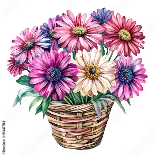 African Daisy Bouquet In A Basket, watercolor painting capturing graceful lines and soft blended shades, isolated on a white background.