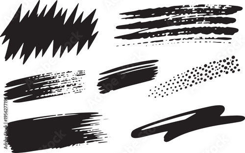 Brush set. Vector black paint brush spots, highlighter lines or felt-tip pen marker. Ink smudge abstract shape stains and smear set with texture. Hand drawn vector illustration