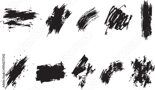 Brush set. Vector black paint brush spots, highlighter lines or felt-tip pen marker. Ink smudge abstract shape stains and smear set with texture. Hand drawn vector illustration