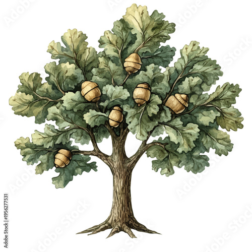watercolor painting of Acorn Tree, isolated on a white background.