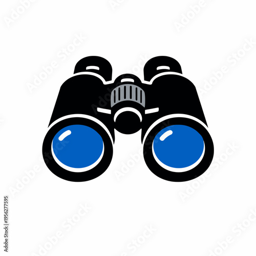 A pair of black binoculars with blue lenses on a white background, symbolizing observation and exploration in nature or surveillance