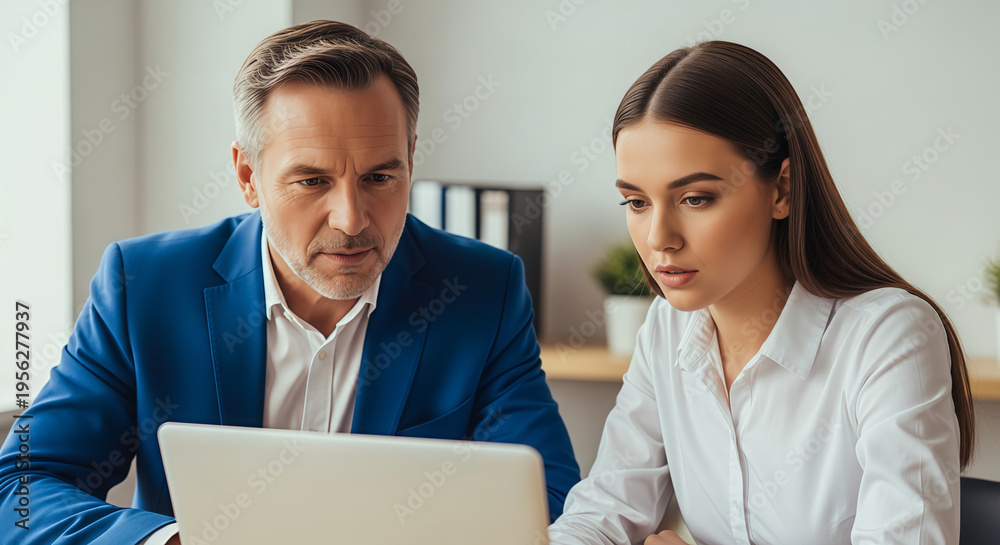 Obraz premium A man and woman looking at a laptop screen together in an office
