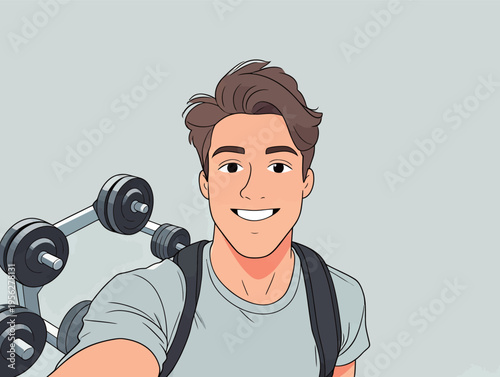 Young man takes selfie in gym with weights in background during workout session after school on a weekday